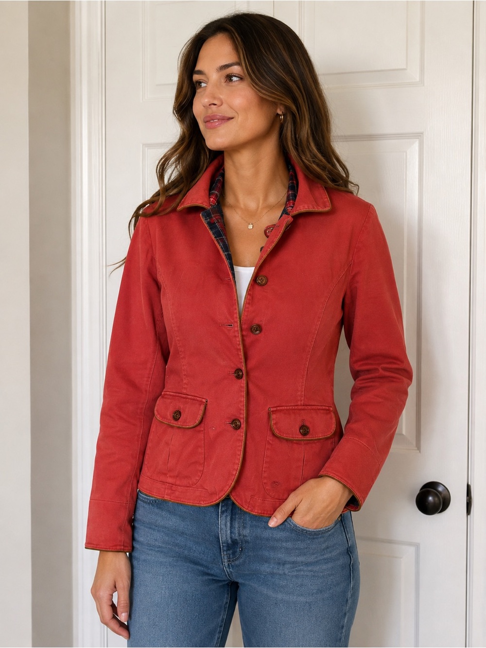 Golden Bear Women’s Coral Red Cotton Blazer Jacket Plaid Trim Size L